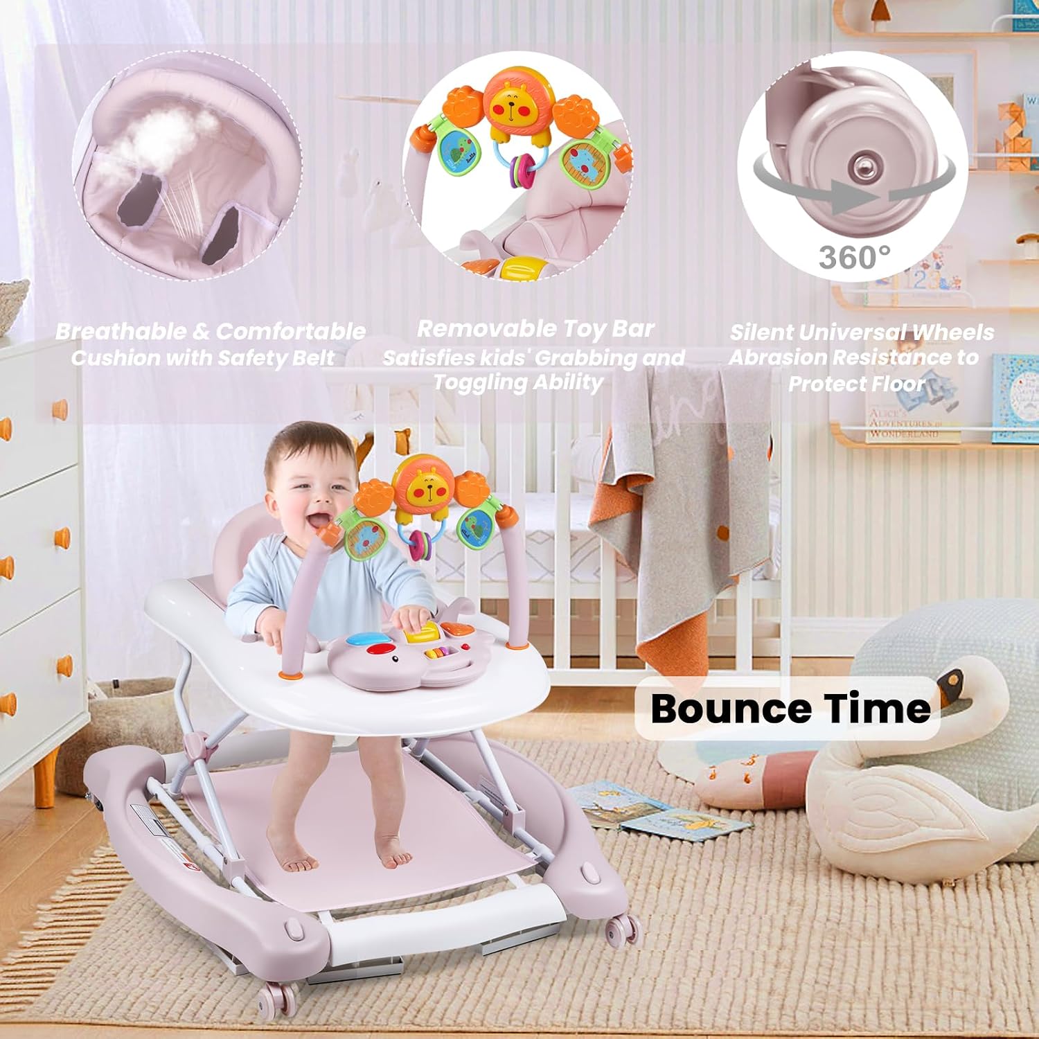Boyro Baby Baby Walker, 5-in-1 Baby Walkers for Boys and Girls 6-12 Months with Bouncer, Removable Footrest, Feeding Tray & Music, Foldable & Adjustable Activity Walker for 6-18 Months Toddler Infant