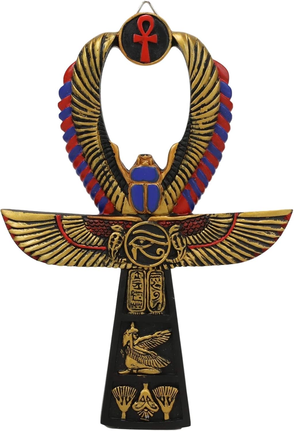 Ebros Crux Ansata Egyptian Golden Ankh With Winged Scarab Maat And Eye Of Horus Wedjat Wall Decor 3D Plaque Figurine 8" High New Age Hieroglyphs Symbol of Life Health And Balance Decorative Accent