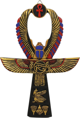 Ebros Crux Ansata Egyptian Golden Ankh With Winged Scarab Maat And Eye Of Horus Wedjat Wall Decor 3D Plaque Figurine 8" High New Age Hieroglyphs Symbol of Life Health And Balance Decorative Accent