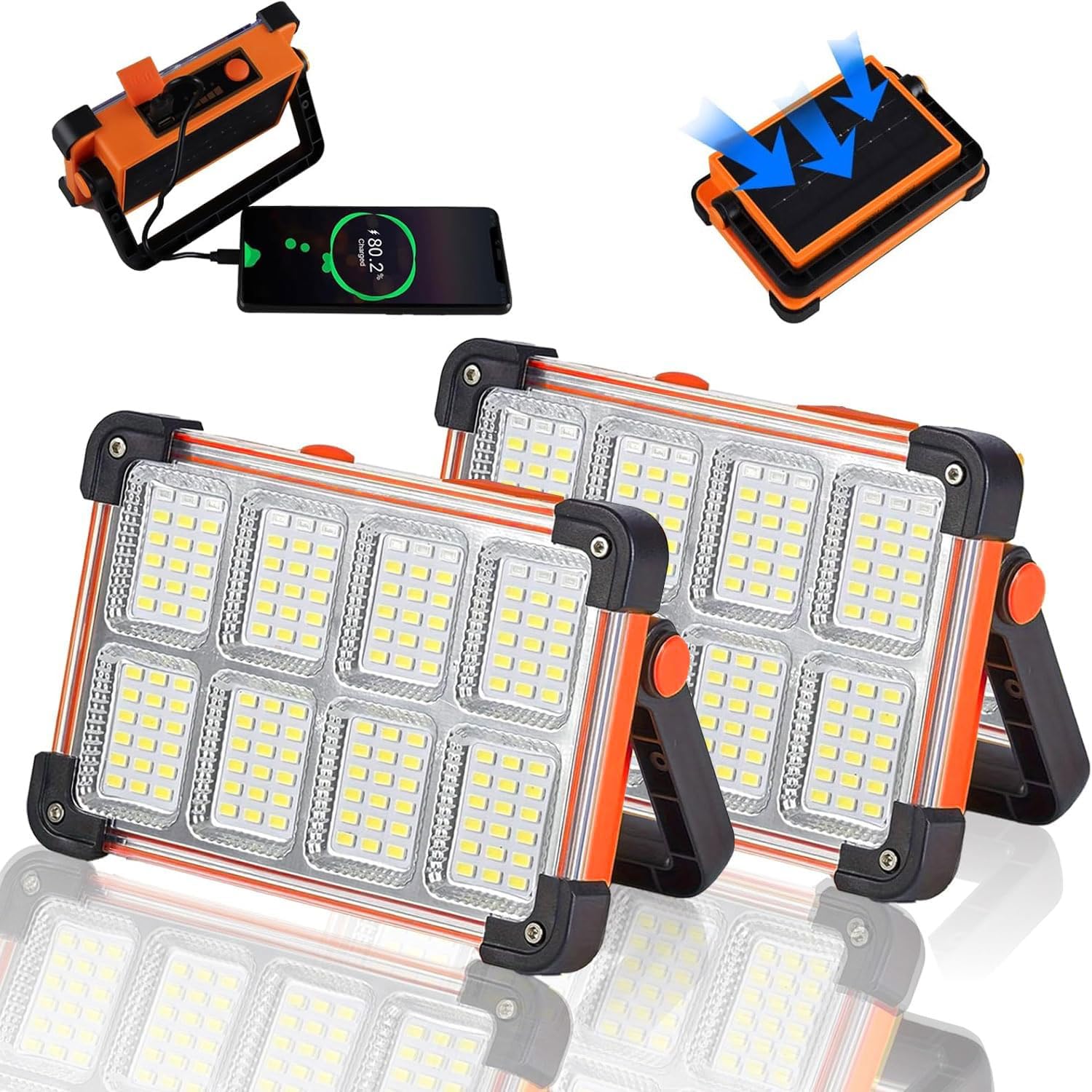 YXQUA 150W Solar Rechargeable Work Light, 180 LED 12000LM Work Light with Stepless dimming, Digital Display Flood Light with Stand,USB Output Outdoor Working Light for Emergency Mechanic
