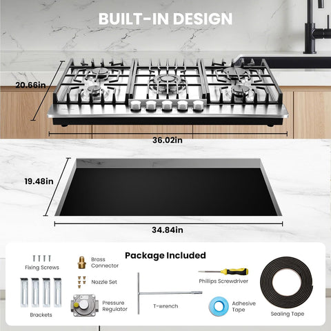 Gas Cooktop 36 Inch Built-in Gas Stove Top for RVs Kitchen Outdoor