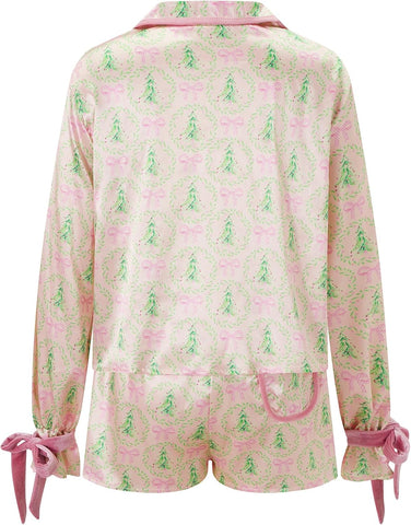 KOSUSANILL Christmas Pajamas Set for Women Cute Santa Nutcracker Button Down Shirt Long Sleeve Shorts Pjs Set Xmas Jammies