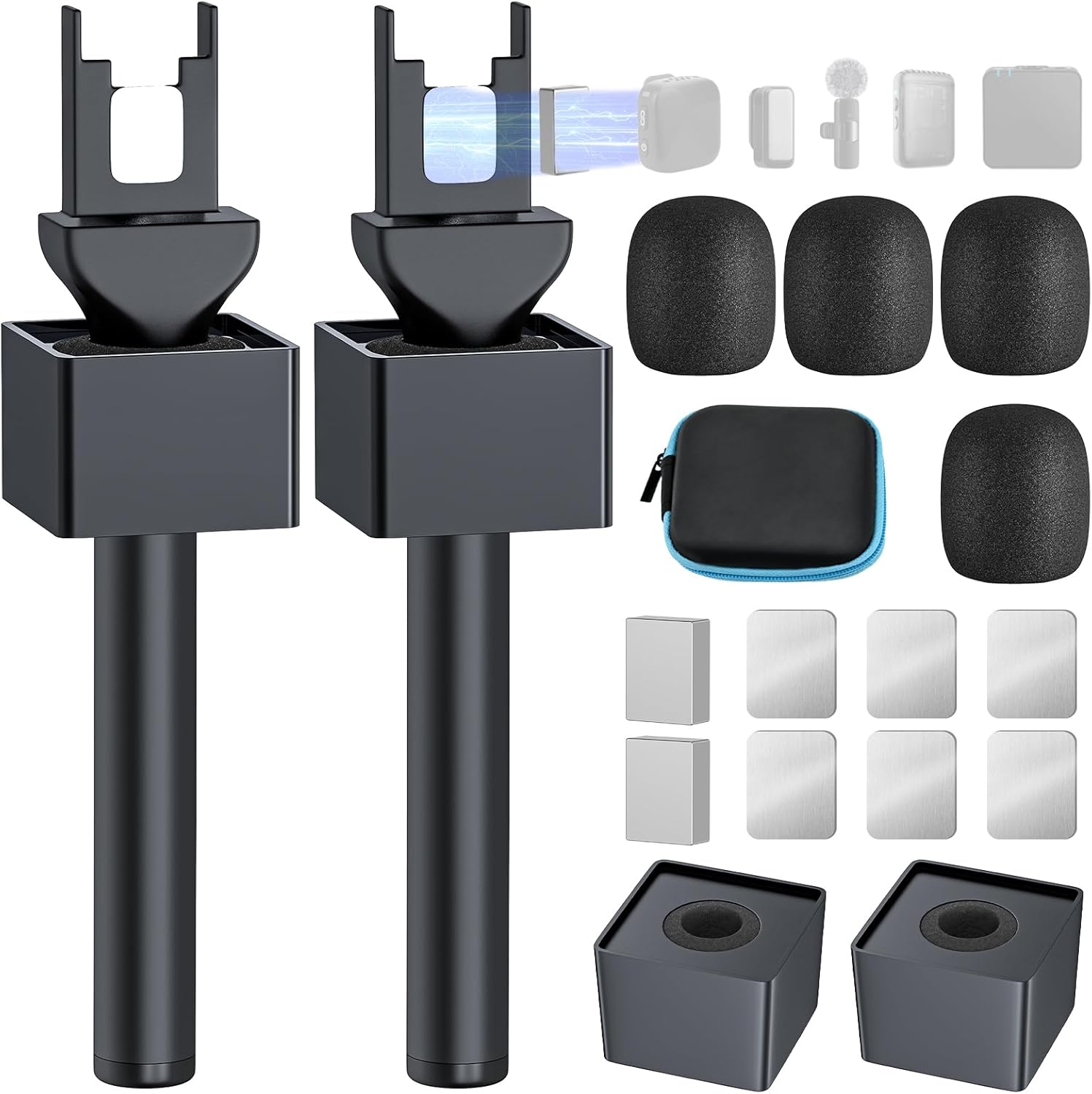 Handheld Adaptor for Interview Mic, 2 Packs Wireless Mic holders for DJI/Rode/Hollyland Lark Lavalier, Universal Magnetic Microfono Stand with Foam Windshield & Flag Station for Interview/Vlogging
