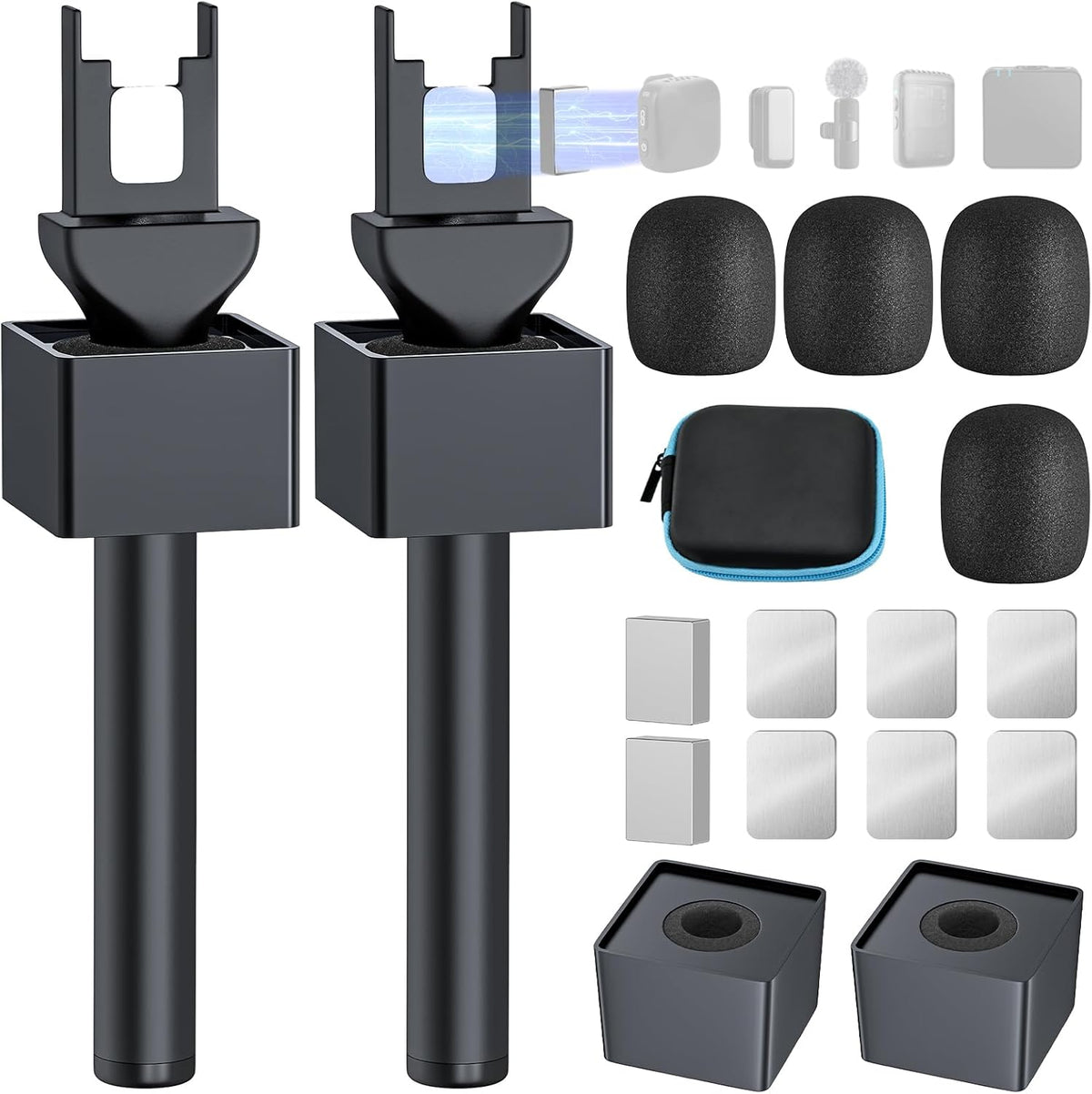 Handheld Adaptor for Interview Mic, 2 Packs Wireless Mic holders for DJI/Rode/Hollyland Lark Lavalier, Universal Magnetic Microfono Stand with Foam Windshield & Flag Station for Interview/Vlogging