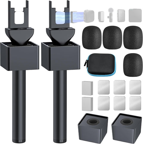 Handheld Adaptor for Interview Mic, 2 Packs Wireless Mic holders for DJI/Rode/Hollyland Lark Lavalier, Universal Magnetic Microfono Stand with Foam Windshield & Flag Station for Interview/Vlogging