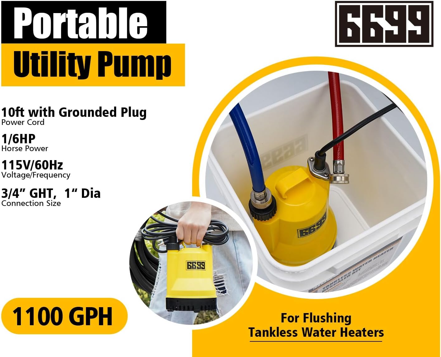 Tankless Water Heater Flushing Kit, 1/6 HP Pump, 2 Hoses, 3 Gal Pail