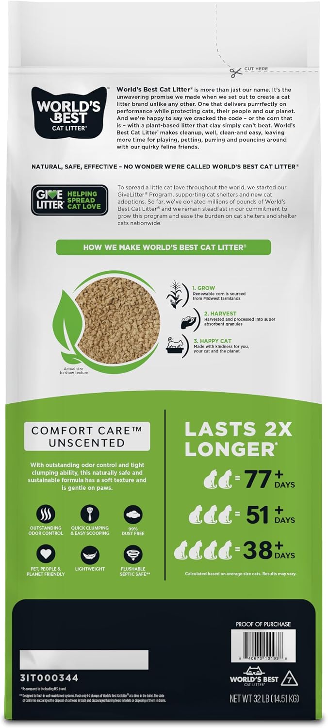 World's Best Cat Litter Comfort Care, Unscented, Odor Control, 32 lb Bag