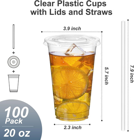 Dealusy 100 Pack - 20 oz Clear Plastic Cups with Lids and Straws