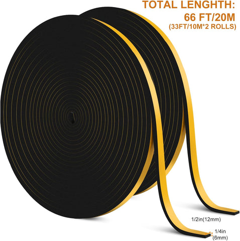 Ninsula 2PCS 33Ft Door Weather Stripping, (1/2in x 1/4in), Total 66FT Strong Adhesive, Sound Proof, Door Insulation, Weatherproof Foam Tape for Doors, Weatherstripping for Door Frames, Windows