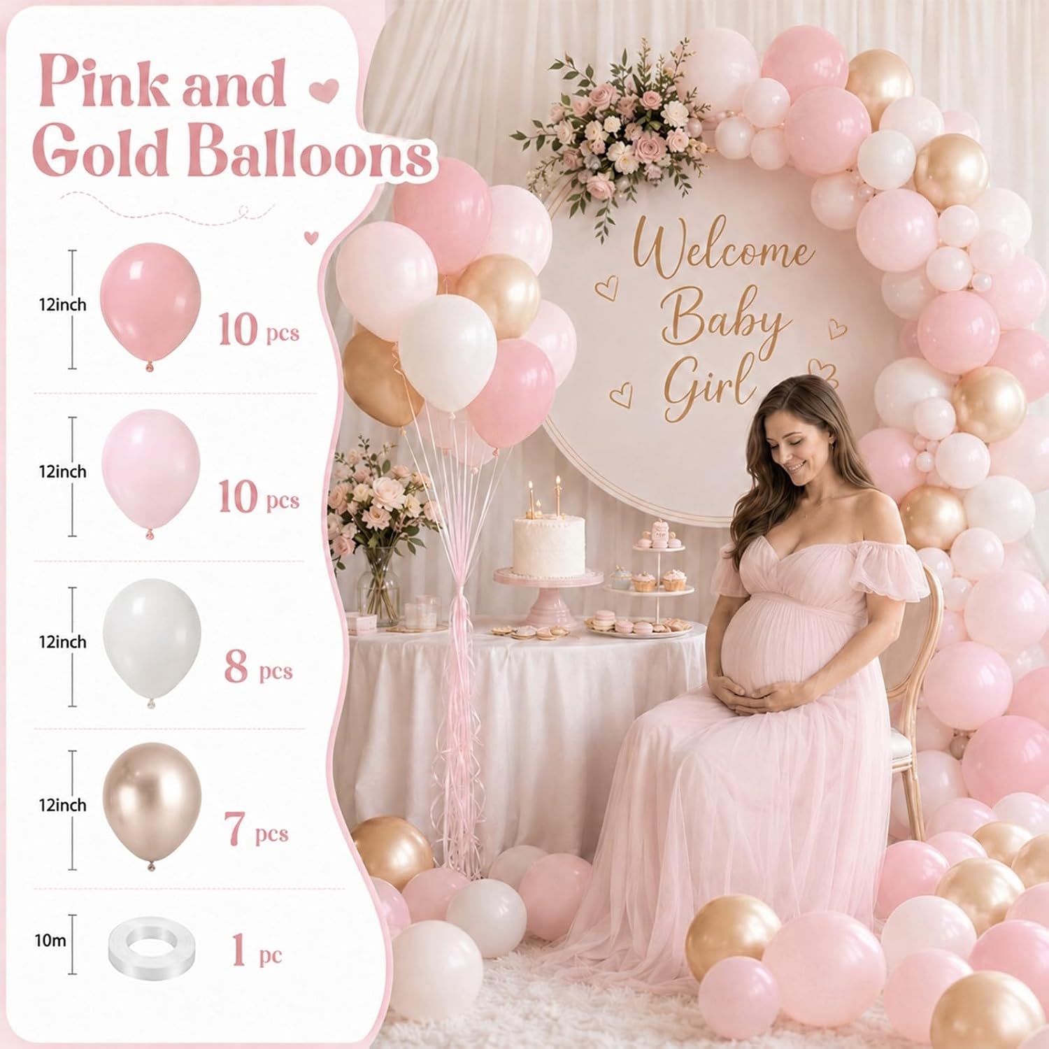 Pink and Gold Balloons, 12 Inch Pastel Light Pink and Pearl Sand White Latex Balloon with Metallic Champagne Gold Beige Balloon for Boho Princess Women Birthday Baby Bridal Shower Wedding Engagement
