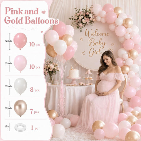 Pink and Gold Balloons, 12 Inch Pastel Light Pink and Pearl Sand White Latex Balloon with Metallic Champagne Gold Beige Balloon for Boho Princess Women Birthday Baby Bridal Shower Wedding Engagement