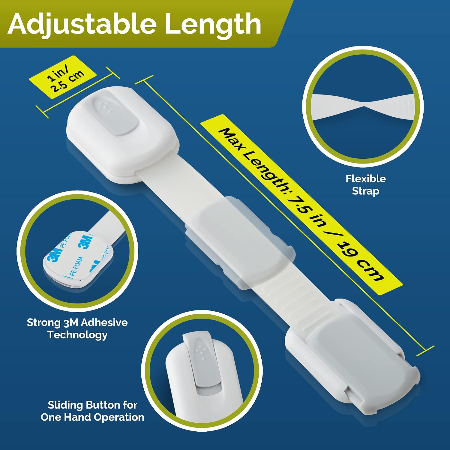 Child Safety Strap Locks (6 Pack) Baby Locks for Cabinets and Drawers, Toilet, Fridge & More. 3M Adhesive Pads. Easy Installation, No Drilling Required, White/Gray