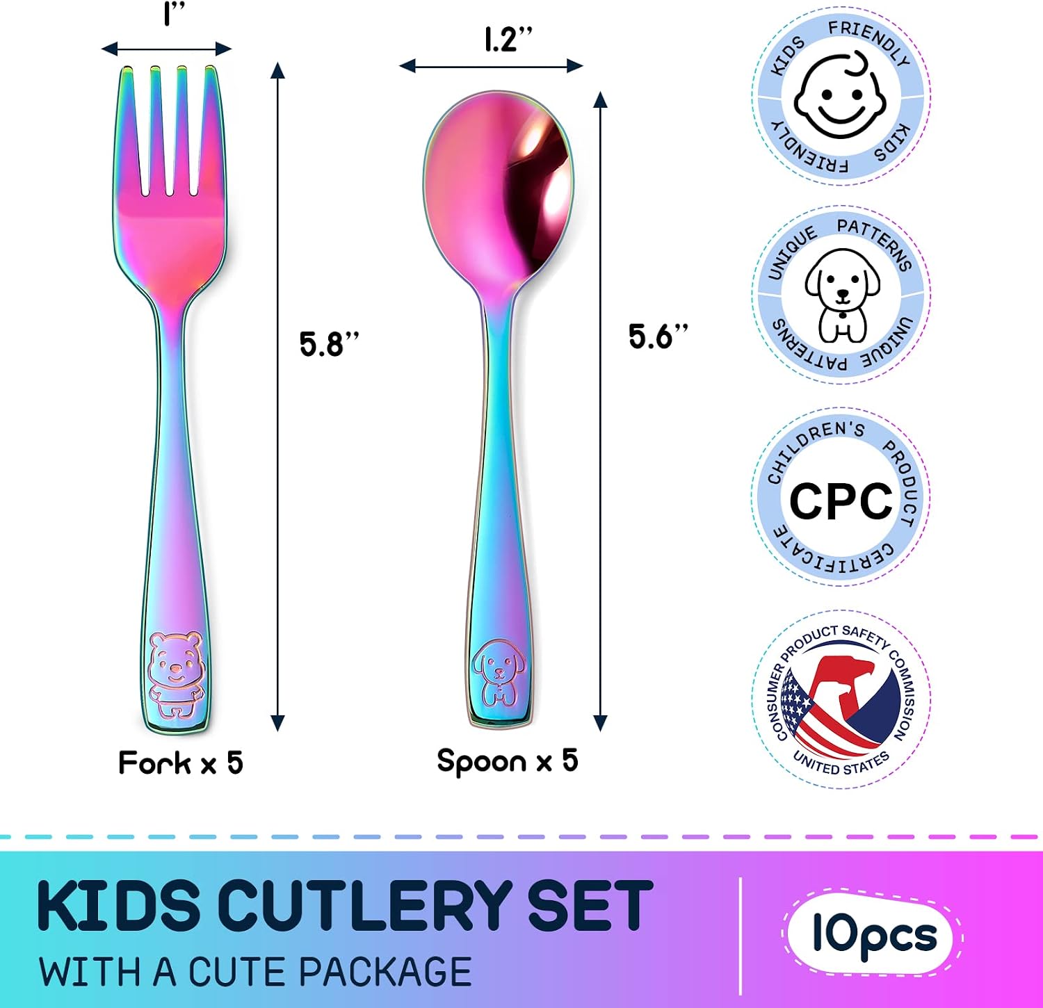 VITEVER 10 Pack Toddler Utensils, Stainless Steel Rainbow Silverware Set for Kids, Children Safe Cutlery Set Includes Forks and Spoons - Dishwasher Safe