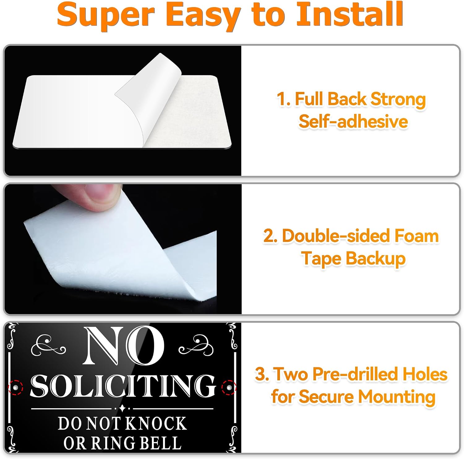 No Soliciting Sign for Front Door, (2 Pack) Self-adhesive No Soliciting Sign for House, 9 x 6 inches Aluminum Metal Signs for Yard (Black/White, Large 9 x 6 inches)