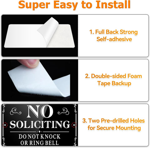 No Soliciting Sign for Front Door, (2 Pack) Self-adhesive No Soliciting Sign for House, 9 x 6 inches Aluminum Metal Signs for Yard (Black/White, Large 9 x 6 inches)