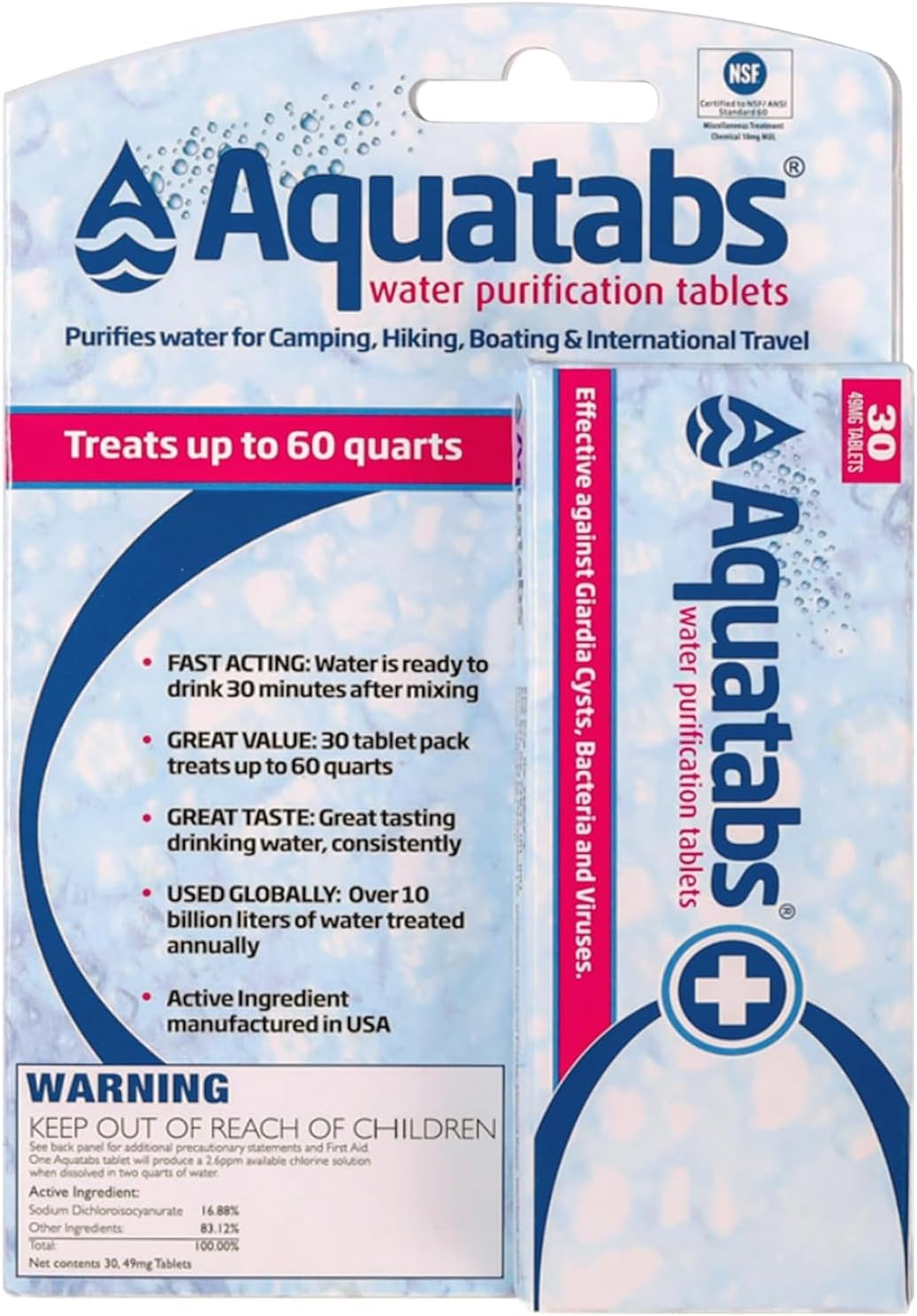 Aquatabs 49mg Water Purification Tablets, 30 Pack, EPA & NSF Certified