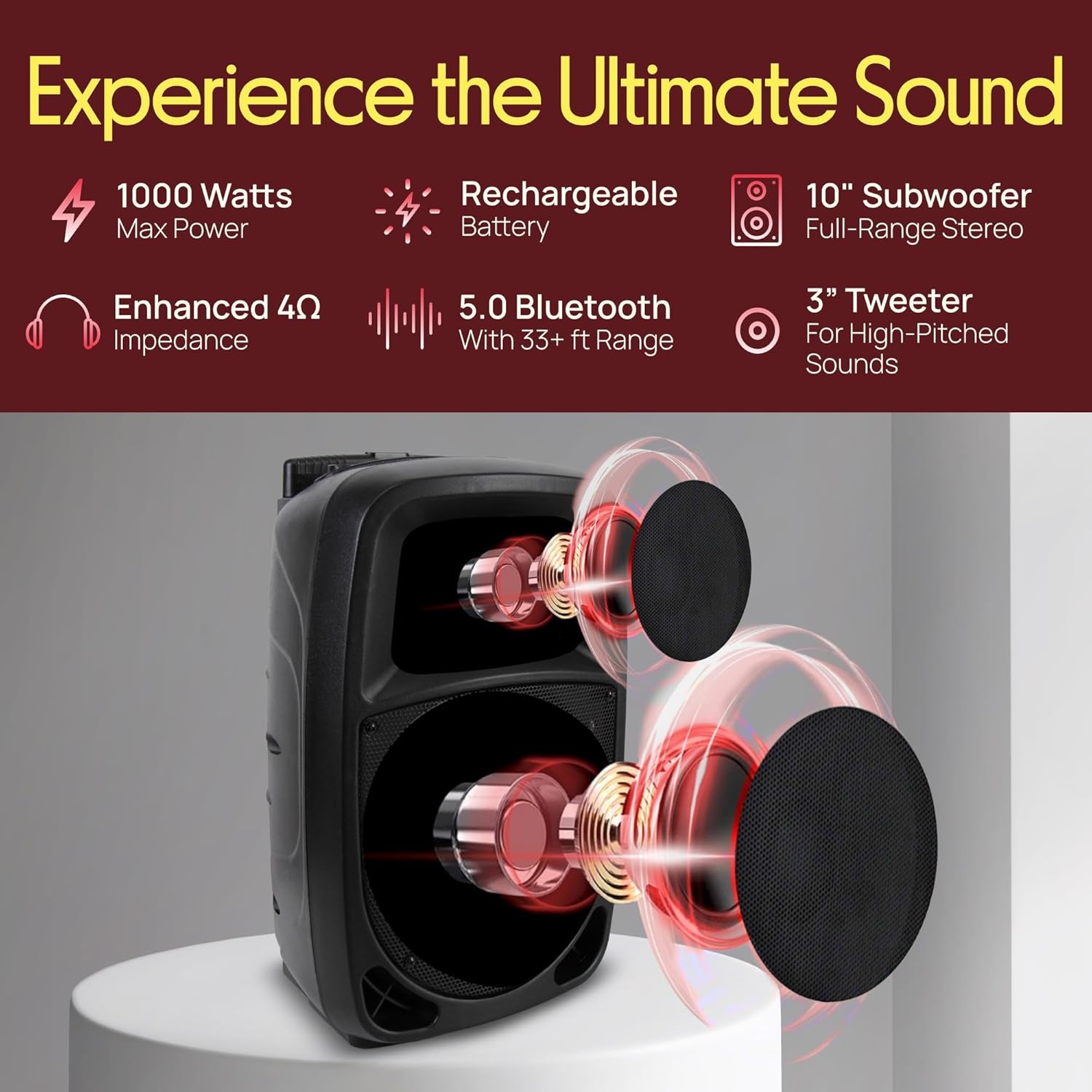 Pyle PSBT105A - 1000W Portable Bluetooth PA Speaker, 10'' Subwoofer, UHF Wireless Mic, MP3/USB/SD, Rechargeable Battery, LED Battery Indicator Lights, Black