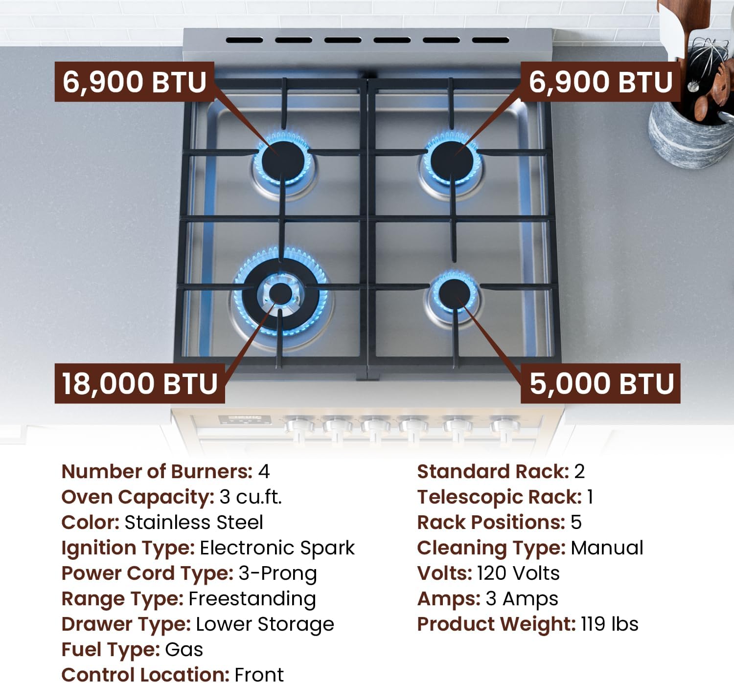 Rangaire RRG241TS 24" Gas Range Oven with Timer - Stainless Steel, Sealed Burners, Convection Fan, Easy Reach Racks