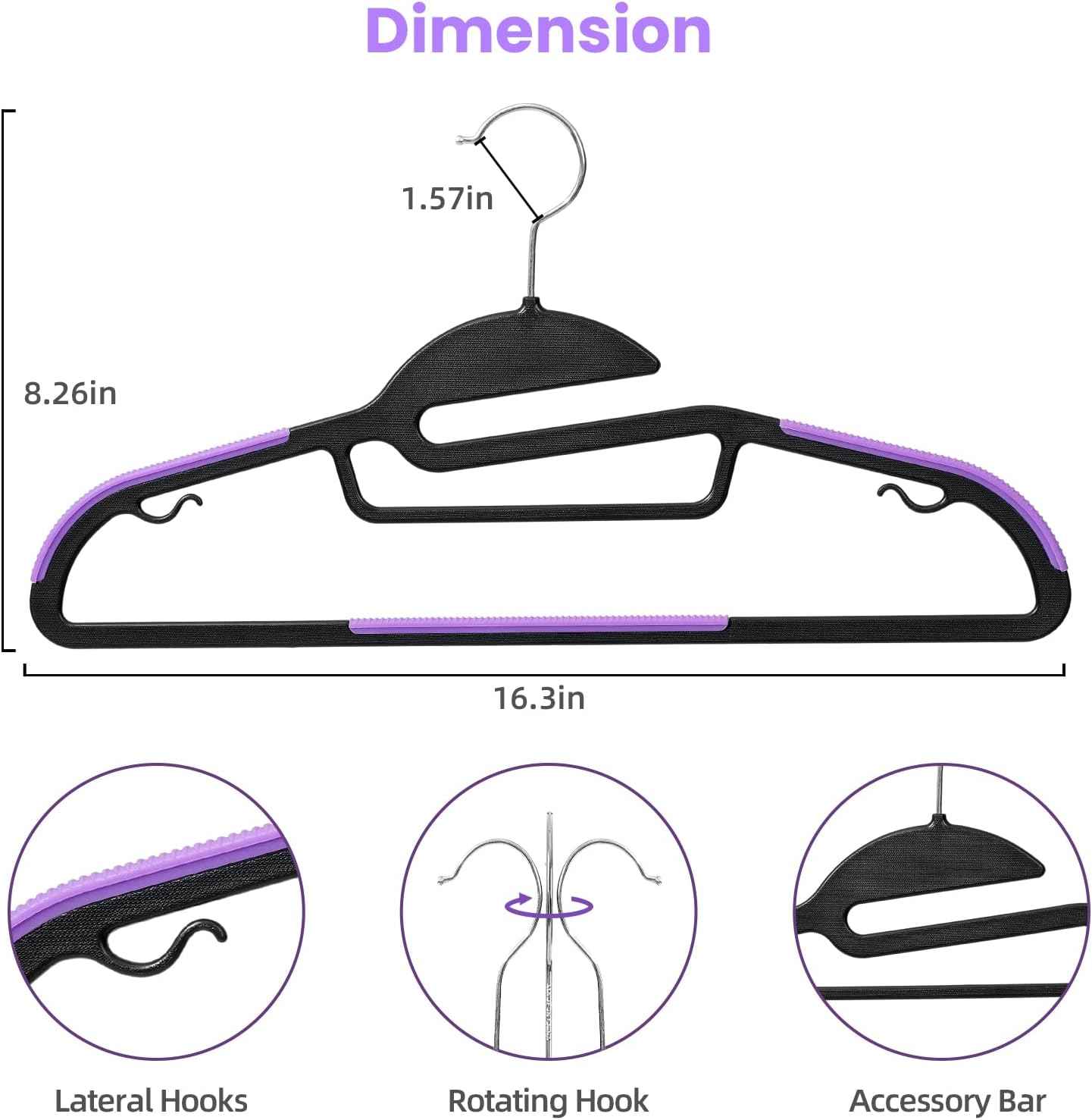 BAGAIL Plastic Hangers 50 Pack with Non-Slip Design,0.2 Inches Thick, 360°Swivel Hook Space Saving Organizer for Bedroom Closet,Shirts,Pants(Purple- S Shaped)