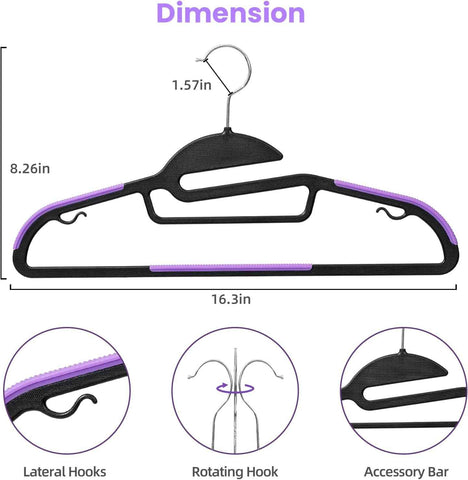 BAGAIL Plastic Hangers 50 Pack with Non-Slip Design,0.2 Inches Thick, 360°Swivel Hook Space Saving Organizer for Bedroom Closet,Shirts,Pants(Purple- S Shaped)