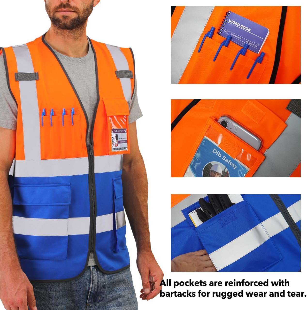 Dib Safety Hi Vis Reflective Safety Vest for Men Women with Pockets Zipper