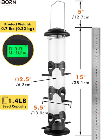 iBorn Bird Feeders for Outdoors 15" 6 Ports Chew-Resistant, Black, 1PK