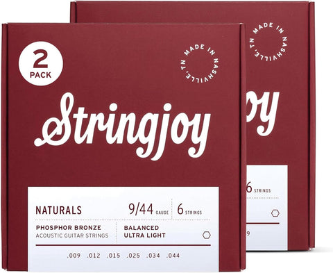 Stringjoy Naturals 9-44 Balanced Ultra Light guitar strings – Phosphor Bronze Acoustic Guitar Strings - Extra Comfort with Balanced Tension & Outstanding Tone, Acoustic 6 String Set, 2-Pack