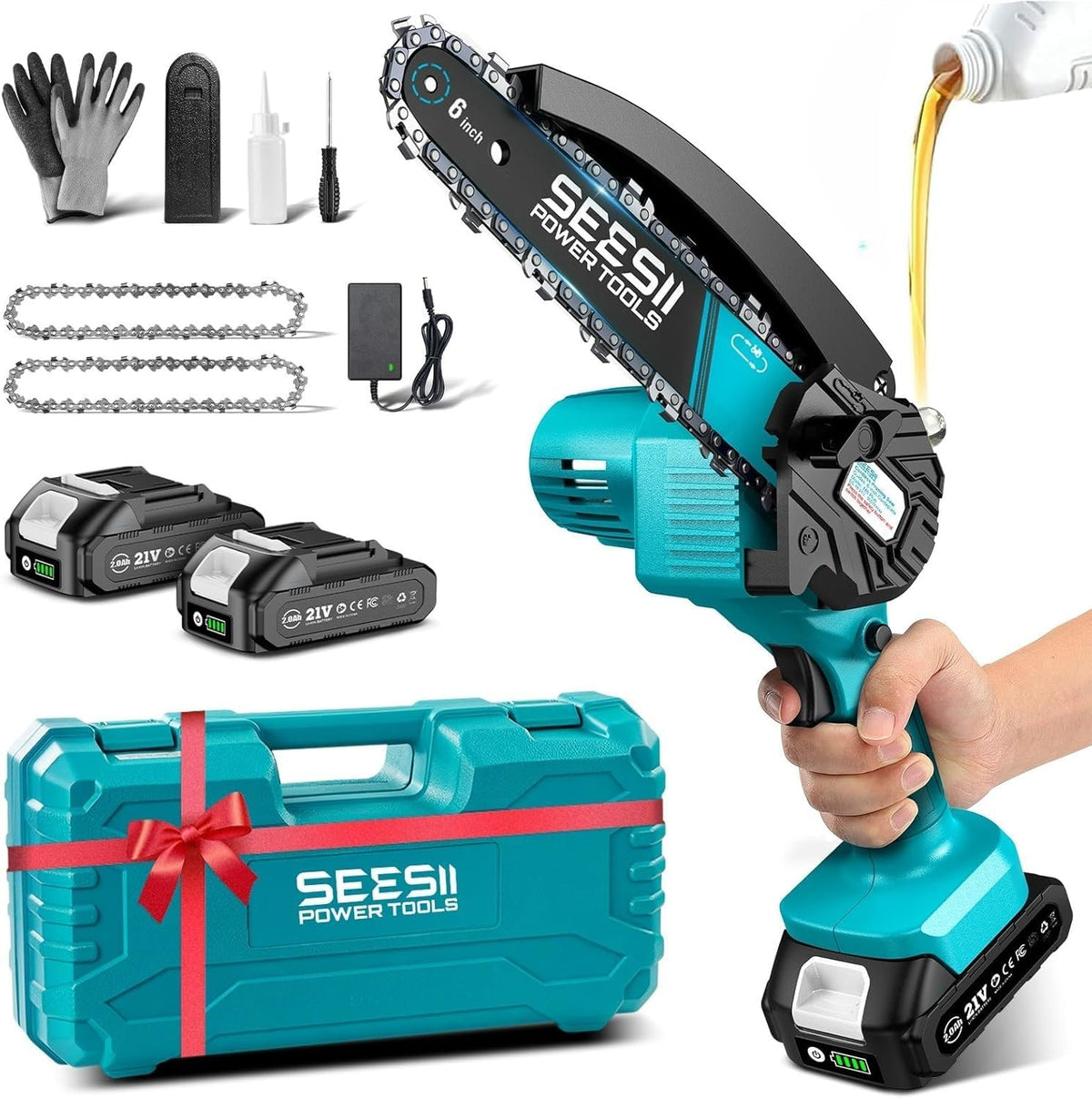 SEESII 6-Inch Mini Chainsaw Cordless with Oiler System