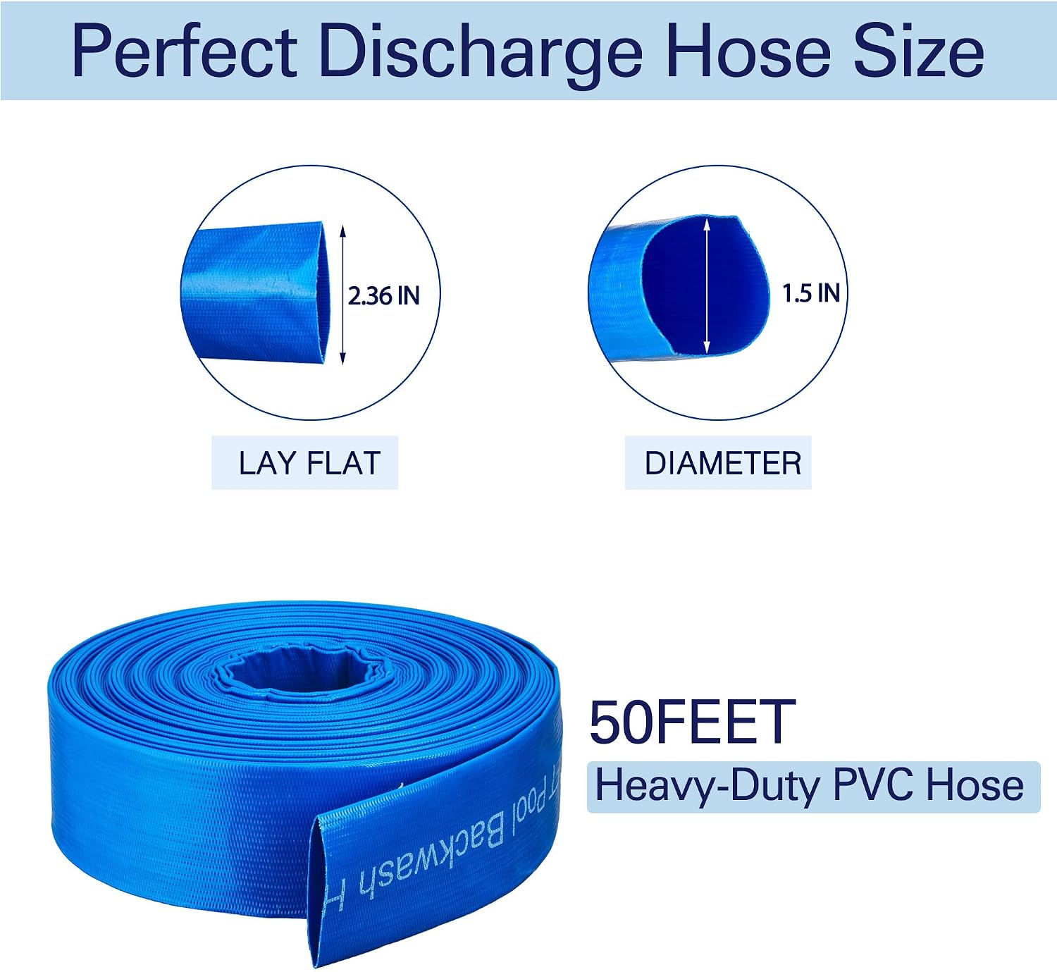 1.5"x50FT Pool Backwash Hose, Lay Flat, Drain & Sump, 2 Clamps