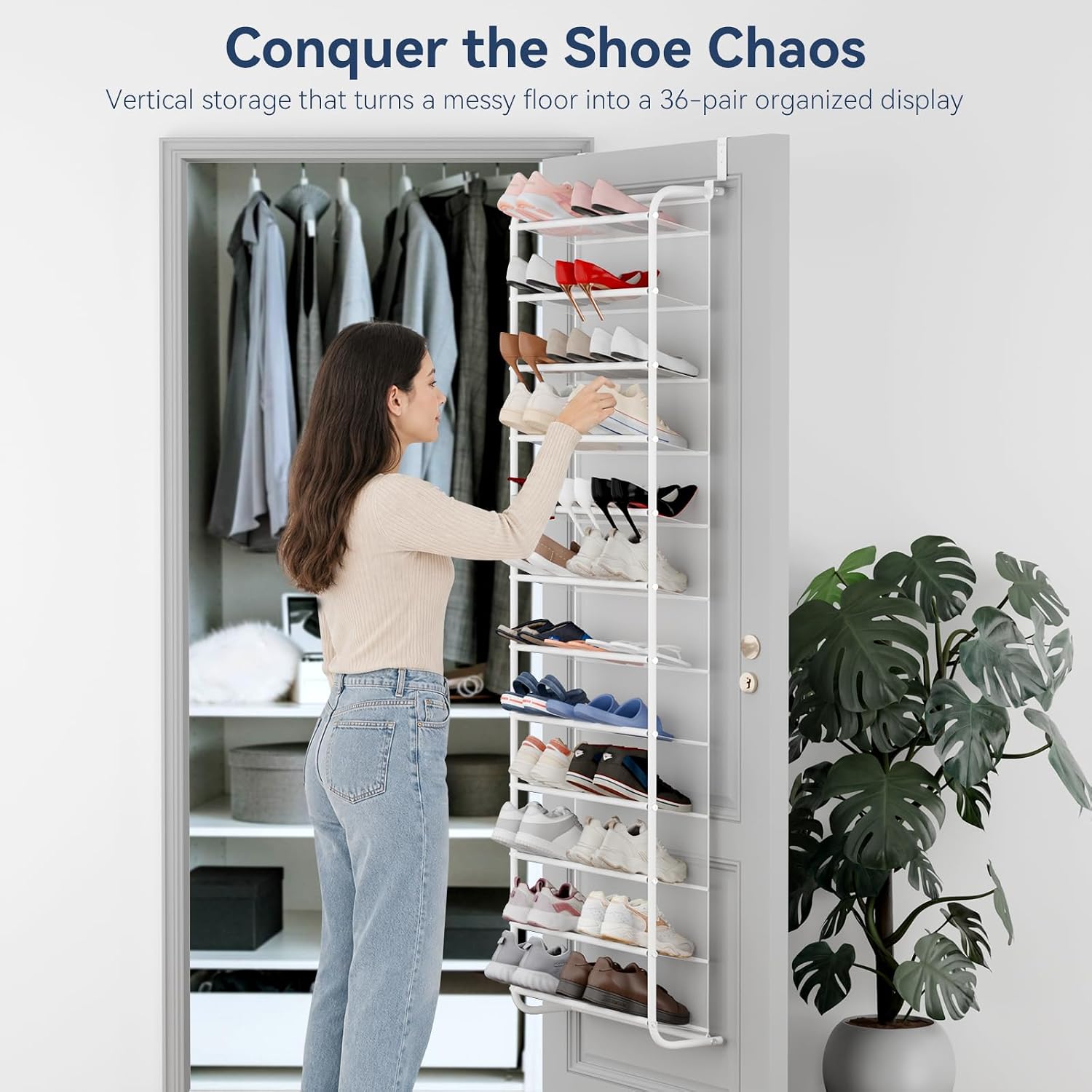Whitmor 36 Pair Over The Door Shoe Organizer, 12 Tier Hanging Shoe Organizer, Heavy Duty Metal & Mesh Shoe Holder, Hanging Shoe Rack for Closet Organizer & Storage, 74" H x 21.7" W x 7.5" D, White1