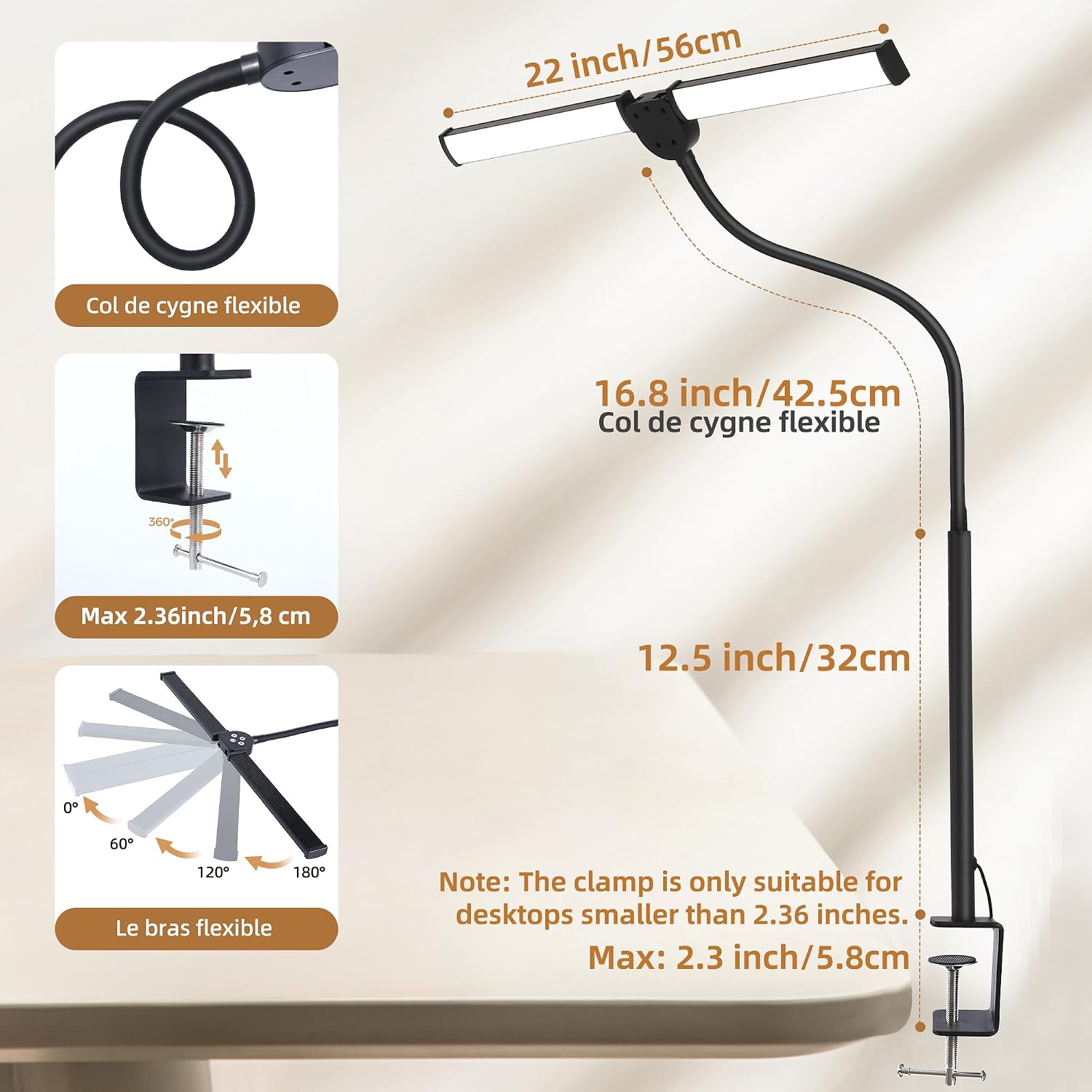 Motumen Led Desk Lamp for Home Office, Eye-Care Desk Light Clamp, Black