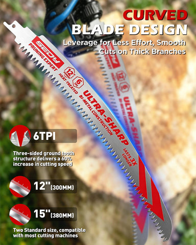6-Piece Japanese Teeth Reciprocating Saw Blade Set, Arc Edge Wood Pruning Saw Blades, 6TPI for Tree Trimming, Wood Cutting, 12 Inch and 15 Inch