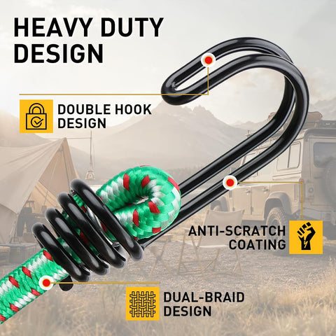 Bungee Cords Heavy Duty Outdoor: 20 Pcs Premium Rubber Bungee Cords with Hooks in a Storage Jar Includes 10", 18", 24", 30", 36", 48" Bungee Cord for Camping, Tent, Fastening Items