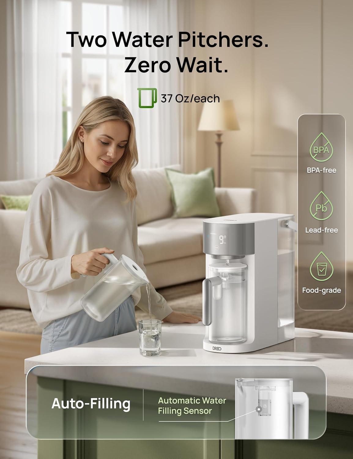 DREO Reverse Osmosis Water Filter Countertop, RO Filtration System, 3:1 Pure to Drain, TDS & Filter Life & 2 Autofill Pitchers, Install-Free, Self-Cleaning Water Purifier, RO Water Filter