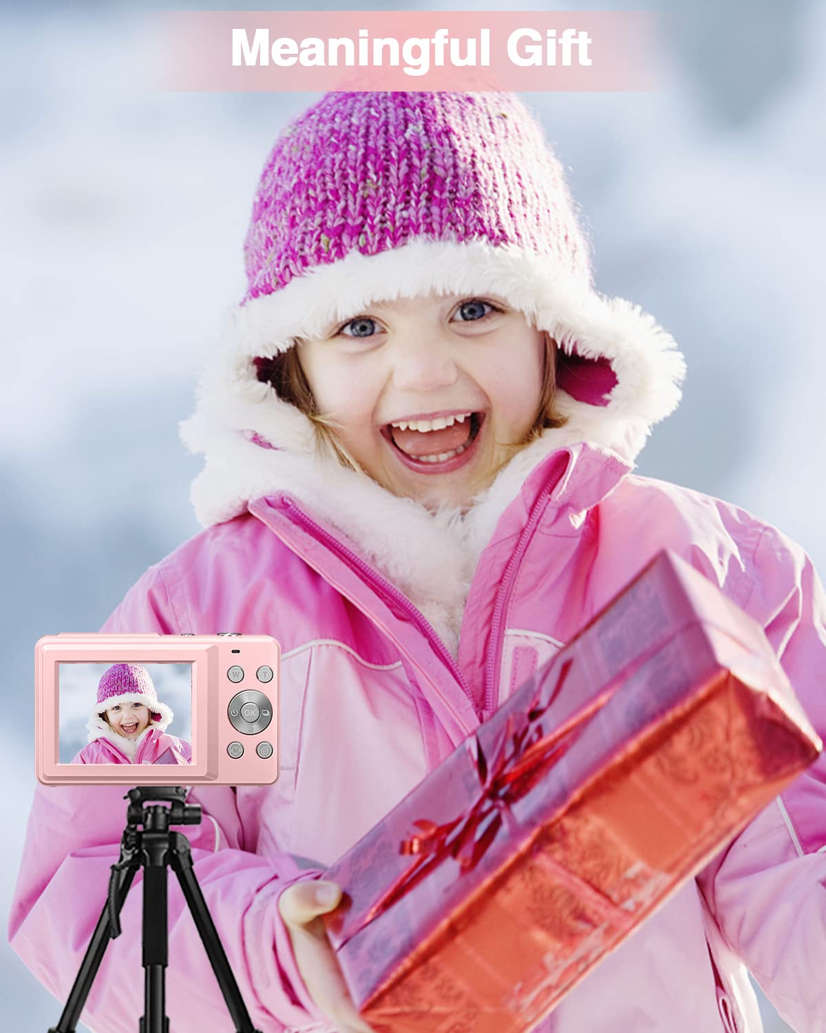 Lecran Digital Camera, FHD 1080P Kids Camera with 32GB Card, 2 Batteries, Lanyard, 16X Zoom Anti Shake, 44MP Compact Portable Small Point Shoot Camera Gift for Kid Student Children Teen Girl Boy(Pink)