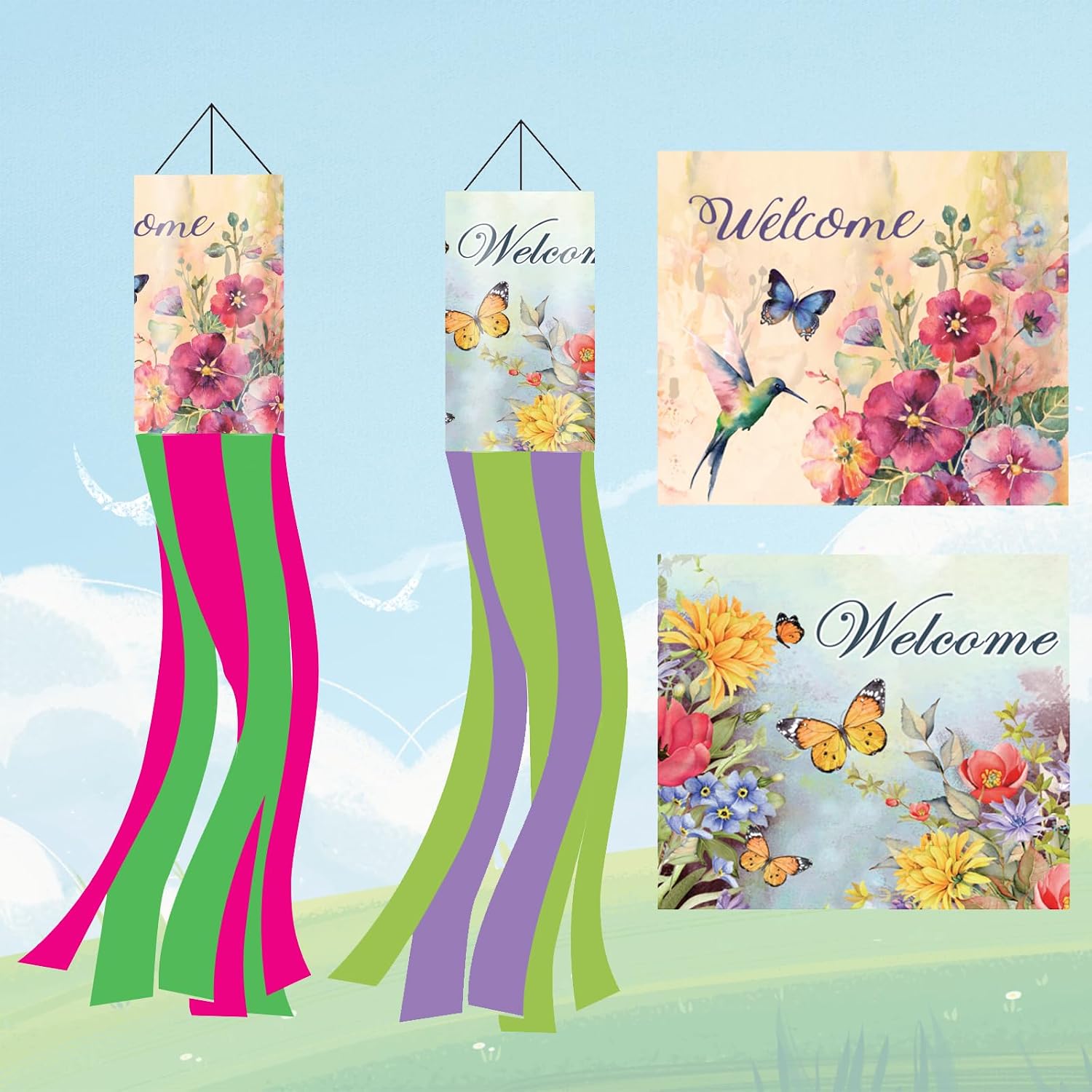NOVWANG Spring Windsock, 2 Pcs 40 Inches Wind Socks for Outside, Hummingbird Butterfly Windsock Outdoor Decor Windsock Flag Hanging Decor for Wall Tree Patio Lawn Gard