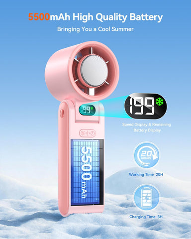 Portable Handheld Fan with Ice Cooler, 199 Speed Personal Fan,5500mAh Rechargeable,20H Cooling Time,20000 RPM Powerful Motor, Summer Essential for Travel/Outdoor/Office, Pink