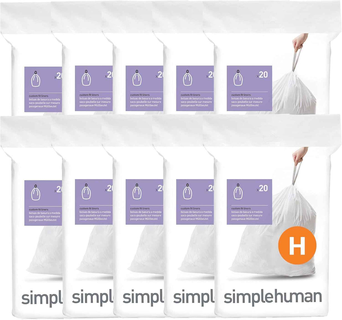 simplehuman Code H 200 Count Custom Fit Liners, Drawstring Kitchen Trash Bags, One-by-One Mess-Free Dispense, Extra Thick & Double Seamed, 50% PCR Plastic, 30-35 Liter / 8-9 Gallon, White