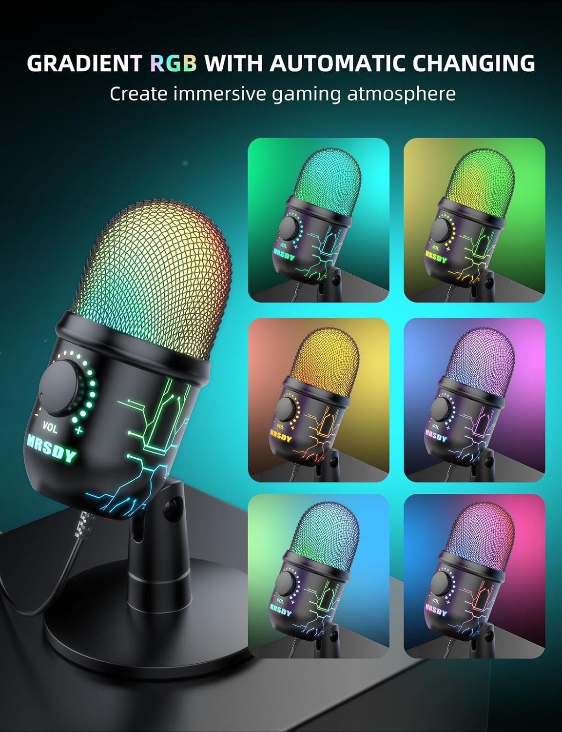 MRSDY USB Gaming Microphone for PC with Noise Reduction, Mute, Gain, RGB
