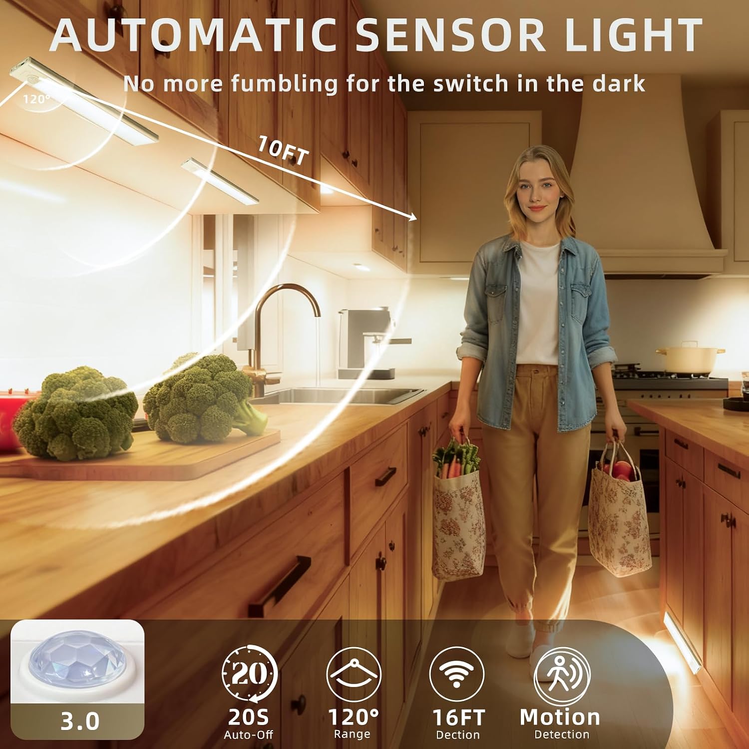 14inch Under Cabinet Lighting, 4 Pack Rechargeable Motion Sensor Light Indoor, Wireless Dimmable Magnetic Closet Lights, 58 LED Under Counter Lights for Kitchen, Wardrobe, Stairs, Warm Light