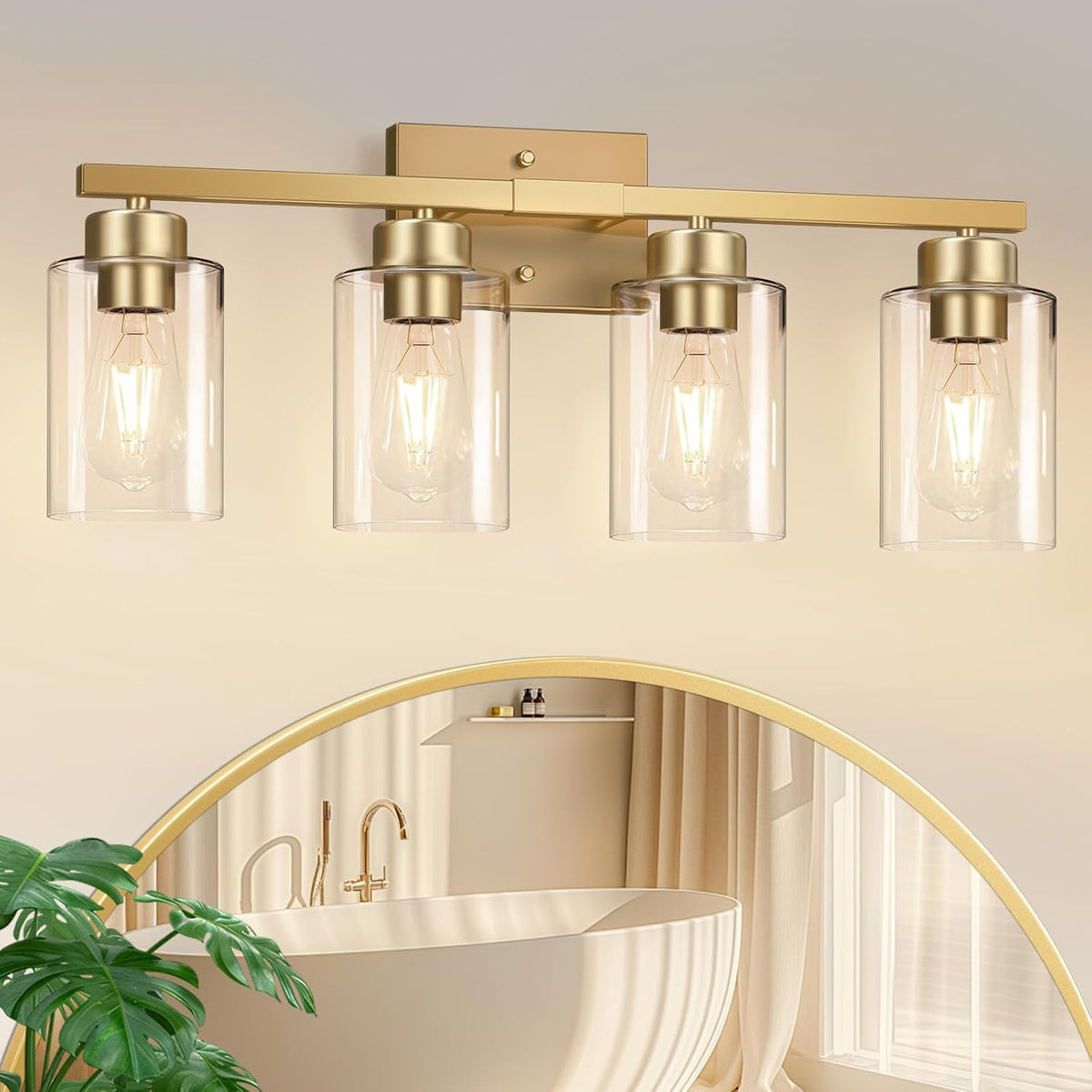 IZORRO Bathroom Light Fixtures, Modern Vanity Lights, Bathroom Lighting Fixtures Over Mirror with Clear Glass Shade, Wall Sconce for Living Room Cabinet Bedroom (Brushed Gold, 4-Light)