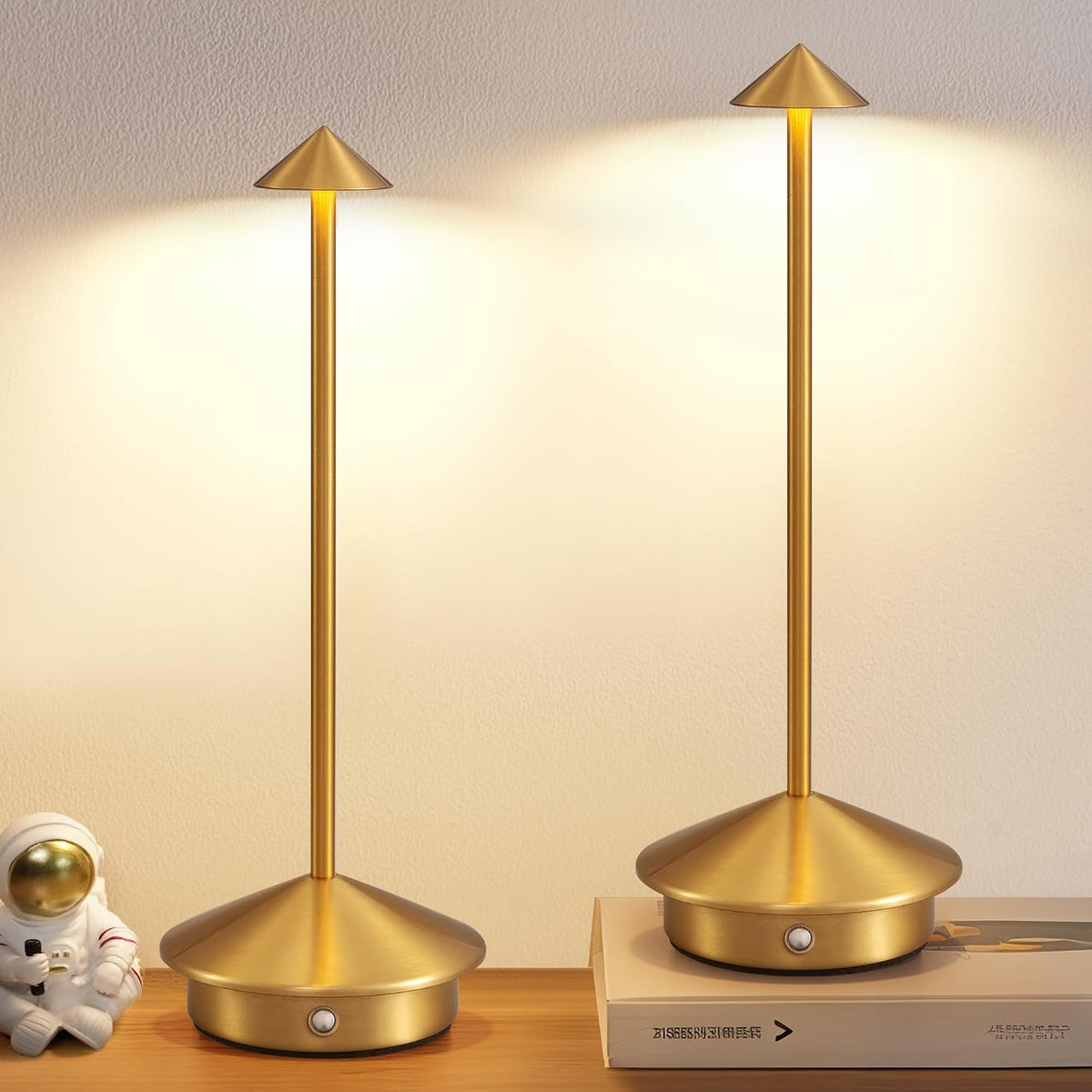Modern Cordless Table Lamp Set of 2, Gold Portable LED Desk Lamps