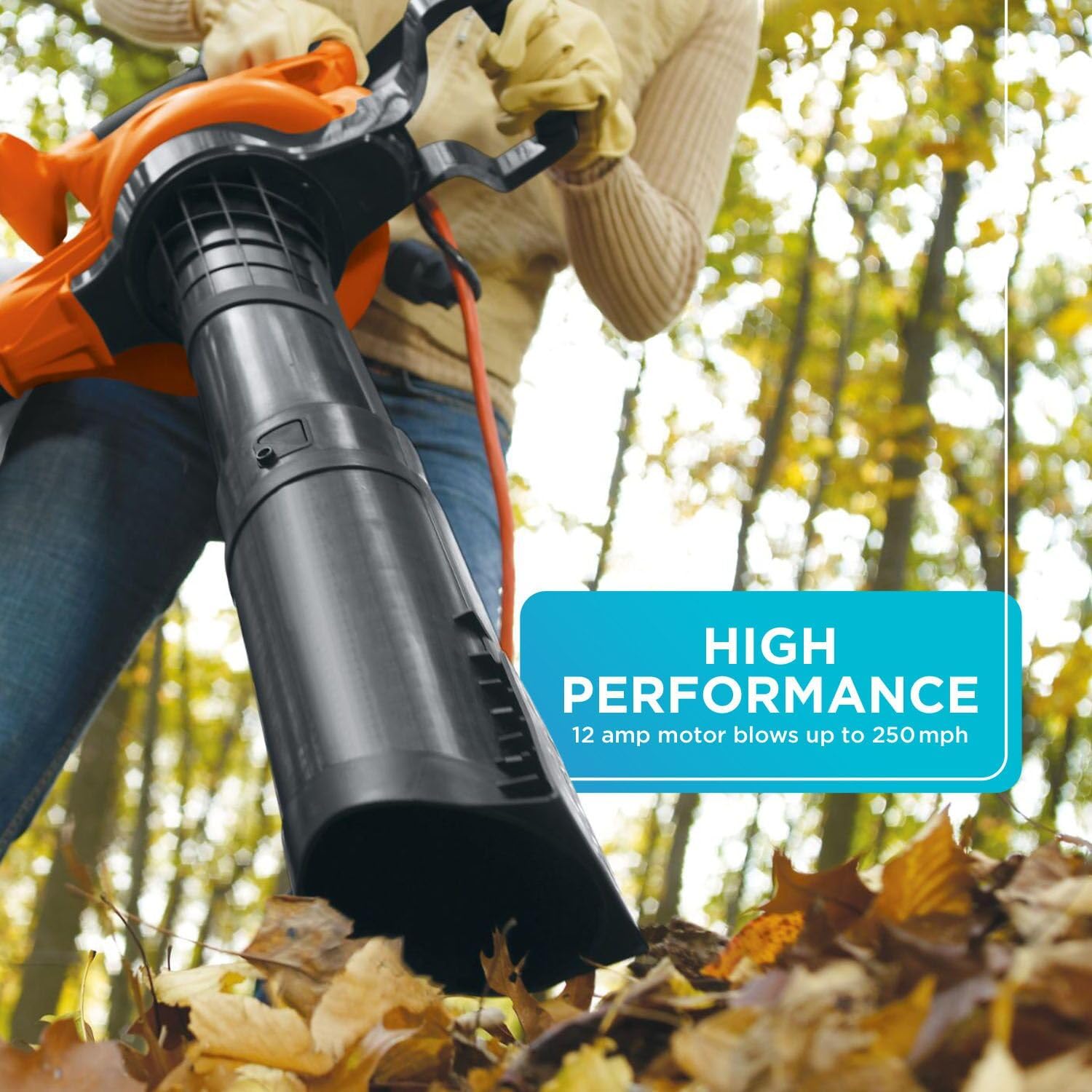 BLACK+DECKER Leaf Blower Leaf Vacuum and Leaf Mulcher 3-in-1, Electric Blowers for Lawn Care, 12 Amp, 250 MPH, 400 CFM (BV6000)
