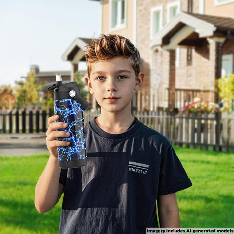 Boys Water Bottle with Straw,18 oz Kids Insulated Cups with Stainless Steel Leak Proof for School,Sport&Travel（Lightning）