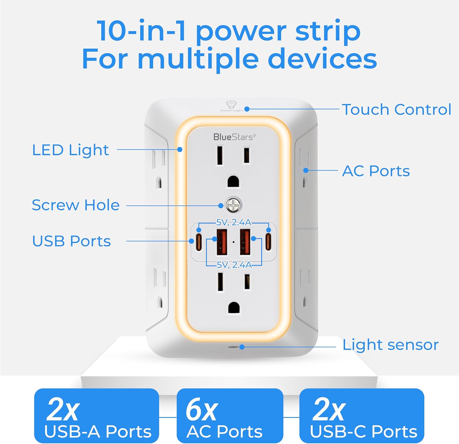 Wall Mount Power Strips Wall Charger 6 Outlet Extender 4 USB Ports (5V, 2.4A, 12W) and Night Light 3-Sided Power Strip with Adapter Spaced Outlets - Multi Plug Outlet Surge Protector for Home Office