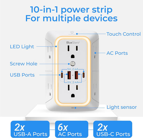 Wall Mount Power Strips Wall Charger 6 Outlet Extender 4 USB Ports (5V, 2.4A, 12W) and Night Light 3-Sided Power Strip with Adapter Spaced Outlets - Multi Plug Outlet Surge Protector for Home Office