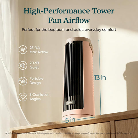 Levoit Windi Mini Tower Fan for Bedroom, Portable Desk Fan, 20dB Quiet