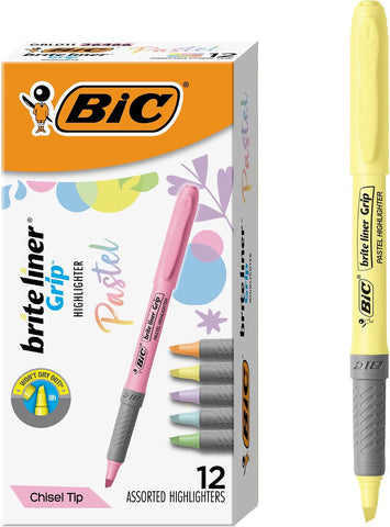 BIC Brite Liner Grip Pastel Highlighter Set, Chisel Tip, 12-Count