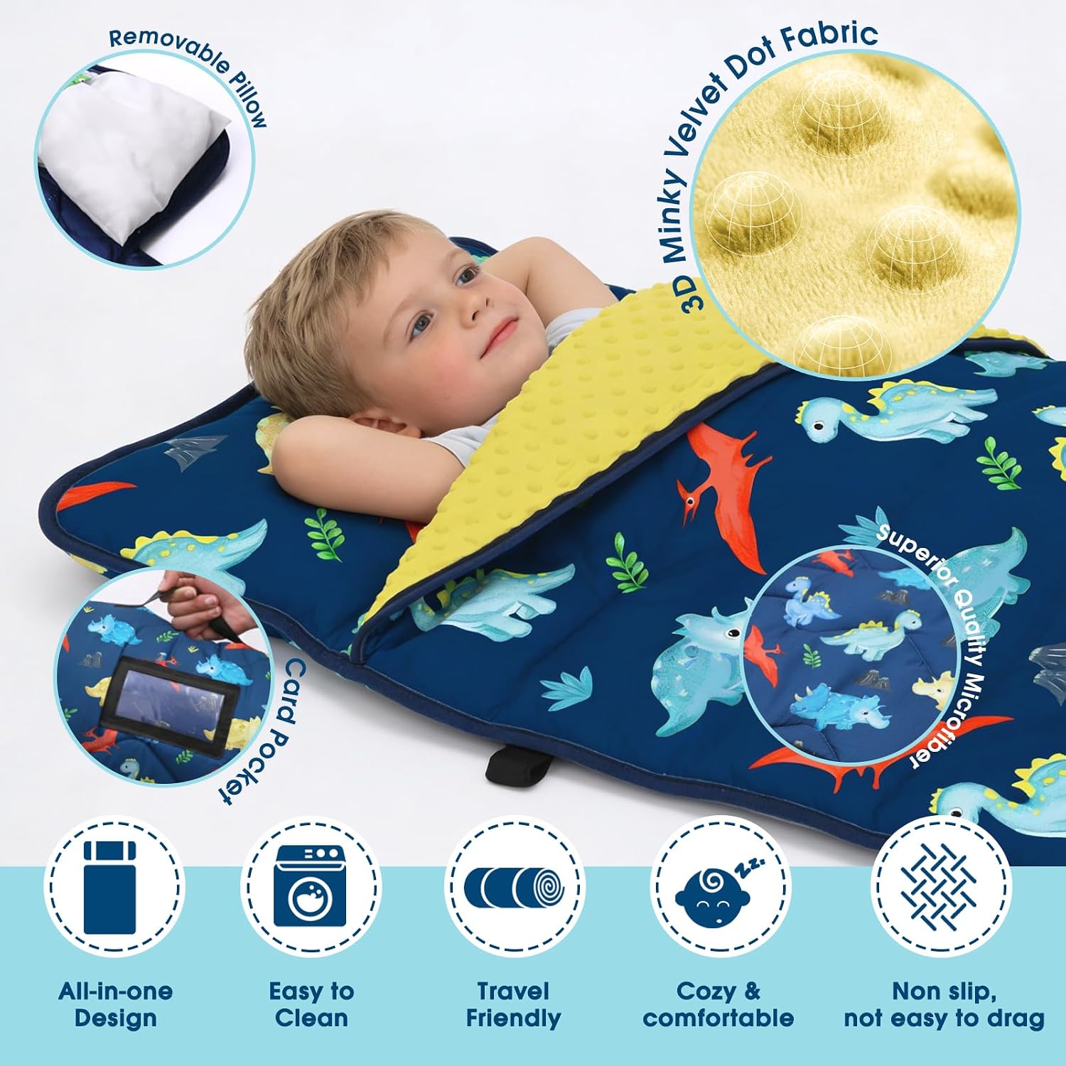 ACRABROS Toddler Nap Mat with Pillow and Blanket, Large Rolled Napping Mats,Slumber Bags for Boys Girls,Kids Sleeping Bag for Daycare, Preschool Travel