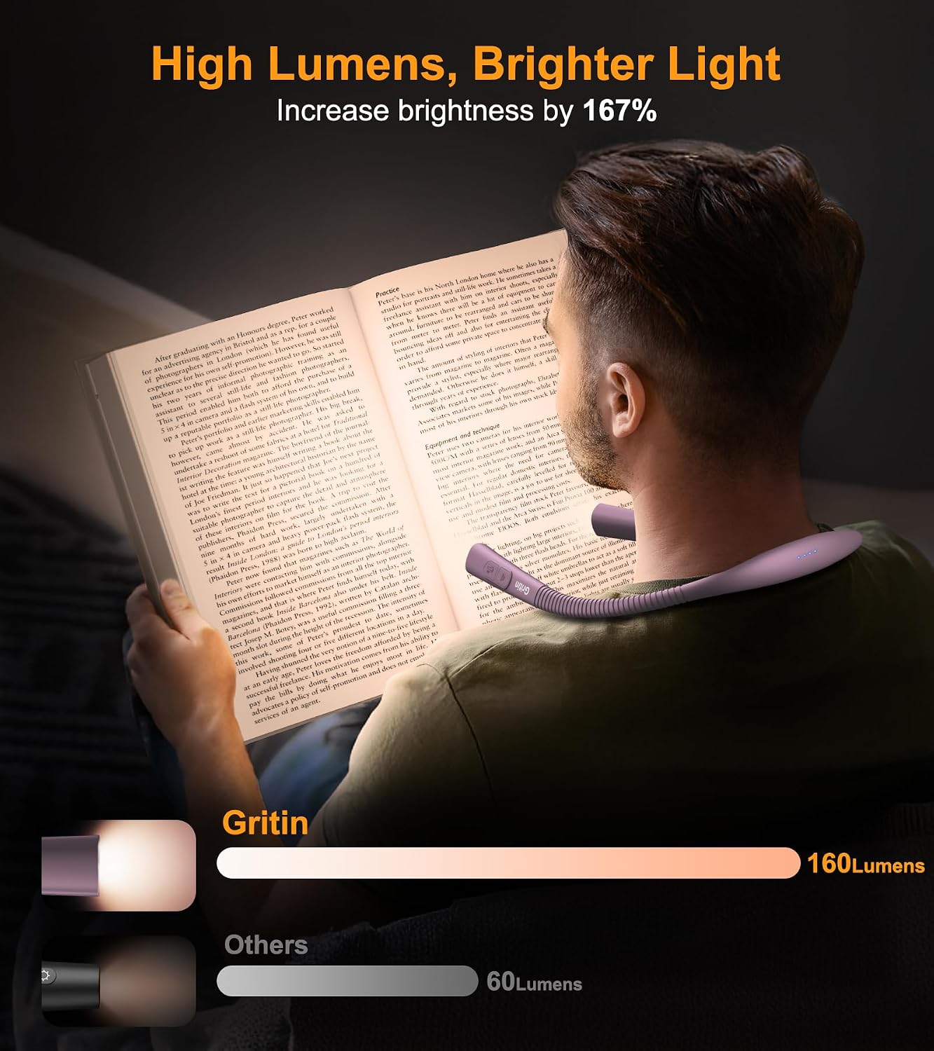 Gritin Book Light, Eye Caring 4-Color&5-Brightness Neck Light Reading Light